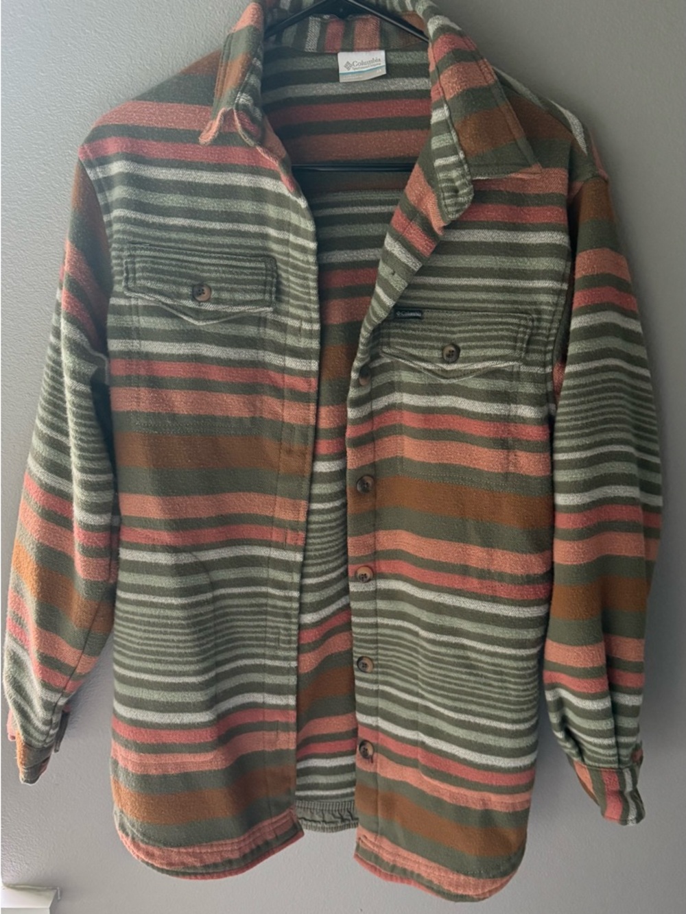 Columbia Striped Button-Front Shirt Jacket in Olive, Rust & Coral